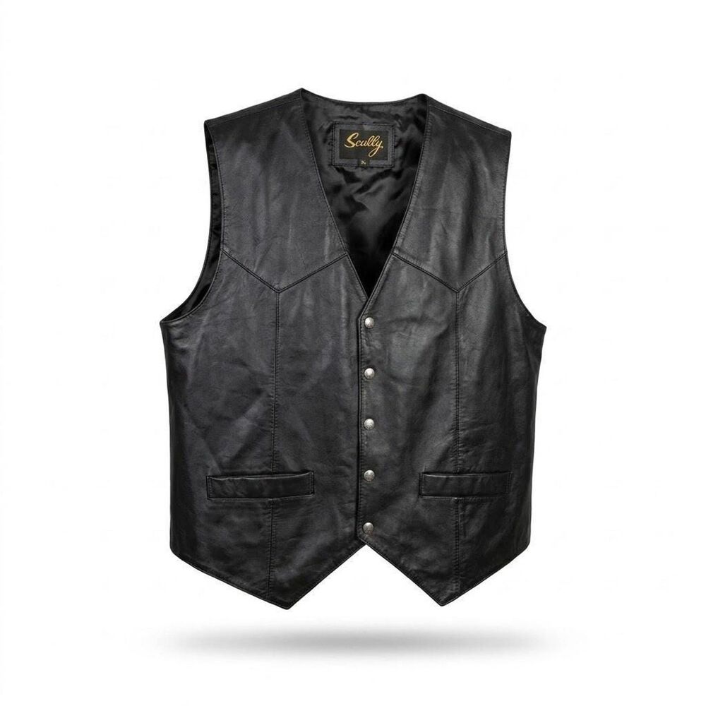 Scully Black Leather Western Vest Mens XL Silver Button Cowboy Biker Lined